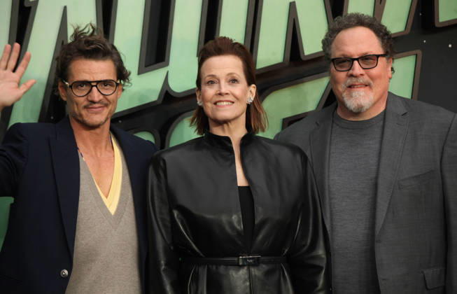 Star Wars The Mandalorian and Gogu film fan event. London, UK. Pedro Pascal , Sigourney Weaver and Jon Favreau at the Star Wars The Mandalorian and Gogu film fan event. Leicester Square. 7th May 2026. LMK11-S070526-001 Steve Bealing Landmark Media . 