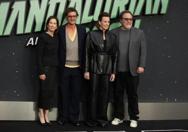 Star Wars The Mandalorian and Gogu film fan event. London, UK. Kathleen Kennedy, Pedro Pascal , Sigourney Weaver and Jon Favreau at the Star Wars The Mandalorian and Gogu film fan event. Leicester Square. 7th May 2026. LMK11-S070526-001 Steve Bealing Landmark Media . 