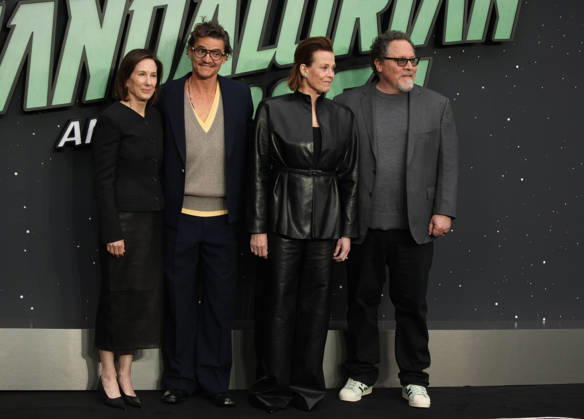 Star Wars The Mandalorian and Gogu film fan event. London, UK. Kathleen Kennedy, Pedro Pascal , Sigourney Weaver and Jon Favreau at the Star Wars The Mandalorian and Gogu film fan event. Leicester Square. 7th May 2026. LMK11-S070526-001 Steve Bealing Landmark Media . 