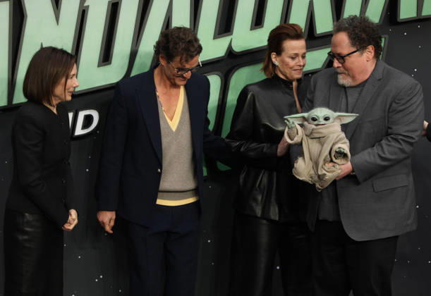 Star Wars The Mandalorian and Gogu film fan event. London, UK. Kathleen Kennedy, Pedro Pascal , Sigourney Weaver and Jon Favreau with Grogu at the Star Wars The Mandalorian and Gogu film fan event. Leicester Square. 7th May 2026. LMK11-S070526-001 Steve Bealing Landmark Media . 