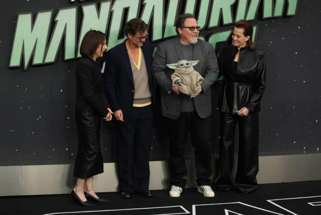 Star Wars The Mandalorian and Gogu film fan event. London, UK.Kathleen Kennedy, Pedro Pascal , Jon Favreau and Grogu and Sigourney Weaver at the Star Wars The Mandalorian and Gogu film fan event. Leicester Square. 7th May 2026. LMK11-S070526-001 Steve Bealing Landmark Media . 