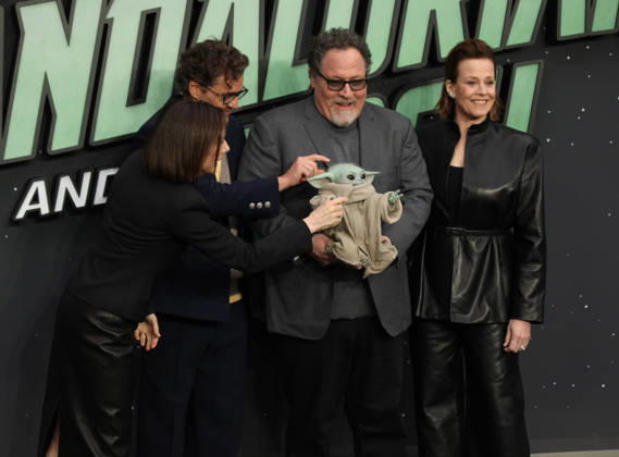 Star Wars The Mandalorian and Gogu film fan event. London, UK.Kathleen Kennedy, Pedro Pascal , Jon Favreau and Grogu and Sigourney Weaver at the Star Wars The Mandalorian and Gogu film fan event. Leicester Square. 7th May 2026. LMK11-S070526-001 Steve Bealing Landmark Media . 