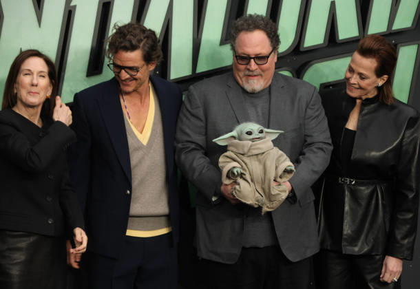 Star Wars The Mandalorian and Gogu film fan event. London, UK.Kathleen Kennedy, Pedro Pascal , Jon Favreau and Grogu and Sigourney Weaver at the Star Wars The Mandalorian and Gogu film fan event. Leicester Square. 7th May 2026. LMK11-S070526-001 Steve Bealing Landmark Media . 