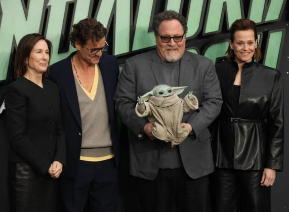 Star Wars The Mandalorian and Gogu film fan event. London, UK.Kathleen Kennedy, Pedro Pascal , Jon Favreau and Grogu and Sigourney Weaver at the Star Wars The Mandalorian and Gogu film fan event. Leicester Square. 7th May 2026. LMK11-S070526-001 Steve Bealing Landmark Media . 