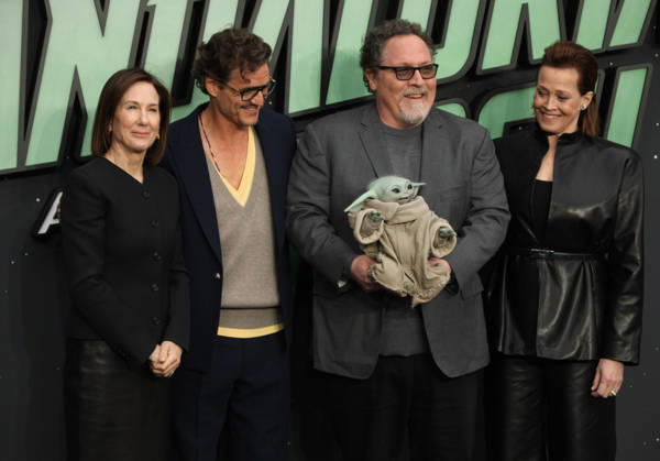 Star Wars The Mandalorian and Gogu film fan event. London, UK.Kathleen Kennedy, Pedro Pascal , Jon Favreau and Grogu and Sigourney Weaver at the Star Wars The Mandalorian and Gogu film fan event. Leicester Square. 7th May 2026. LMK11-S070526-001 Steve Bealing Landmark Media . 
