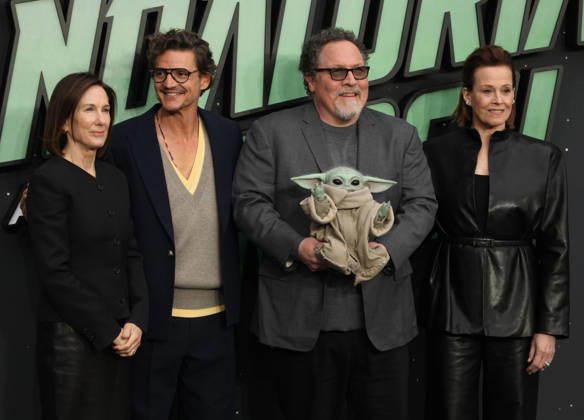 Star Wars The Mandalorian and Gogu film fan event. London, UK.Kathleen Kennedy, Pedro Pascal , Jon Favreau and Grogu and Sigourney Weaver at the Star Wars The Mandalorian and Gogu film fan event. Leicester Square. 7th May 2026. LMK11-S070526-001 Steve Bealing Landmark Media . 