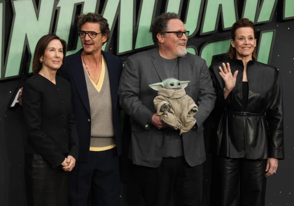 Star Wars The Mandalorian and Gogu film fan event. London, UK.Kathleen Kennedy, Pedro Pascal , Jon Favreau and Grogu and Sigourney Weaver at the Star Wars The Mandalorian and Gogu film fan event. Leicester Square. 7th May 2026. LMK11-S070526-001 Steve Bealing Landmark Media . 