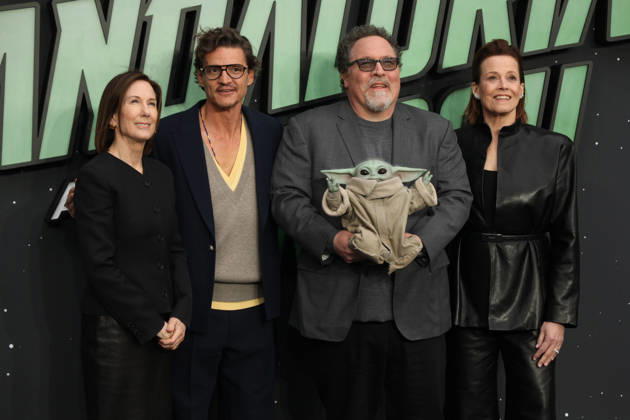 Star Wars The Mandalorian and Gogu film fan event. London, UK.Kathleen Kennedy, Pedro Pascal , Jon Favreau and Grogu and Sigourney Weaver at the Star Wars The Mandalorian and Gogu film fan event. Leicester Square. 7th May 2026. LMK11-S070526-001 Steve Bealing Landmark Media . 