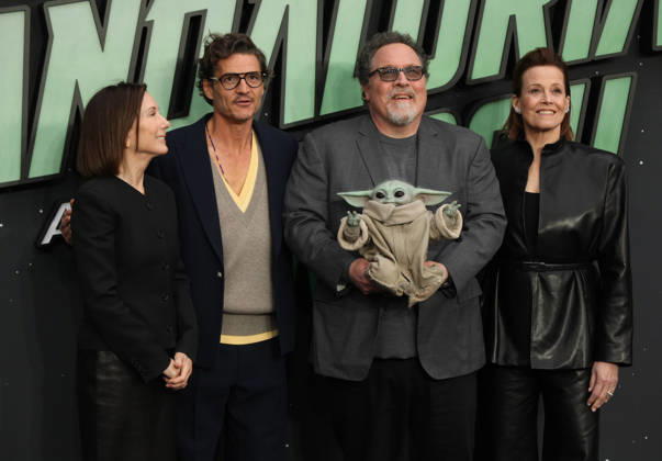 Star Wars The Mandalorian and Gogu film fan event. London, UK.Kathleen Kennedy, Pedro Pascal , Jon Favreau and Grogu and Sigourney Weaver at the Star Wars The Mandalorian and Gogu film fan event. Leicester Square. 7th May 2026. LMK11-S070526-001 Steve Bealing Landmark Media . 