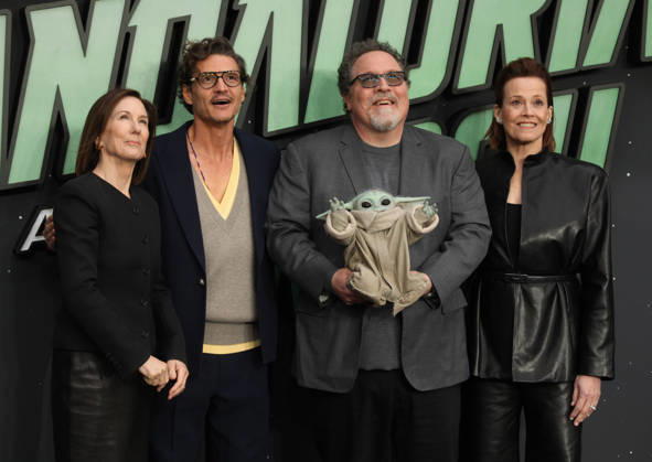 Star Wars The Mandalorian and Gogu film fan event. London, UK.Kathleen Kennedy, Pedro Pascal , Jon Favreau and Grogu and Sigourney Weaver at the Star Wars The Mandalorian and Gogu film fan event. Leicester Square. 7th May 2026. LMK11-S070526-001 Steve Bealing Landmark Media . 
