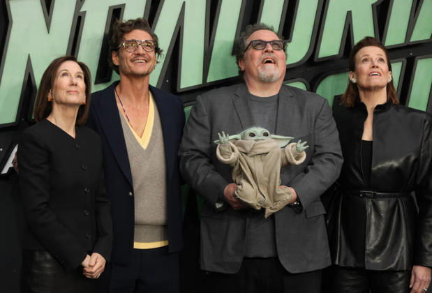 Star Wars The Mandalorian and Gogu film fan event. London, UK.Kathleen Kennedy, Pedro Pascal , Jon Favreau and Grogu and Sigourney Weaver at the Star Wars The Mandalorian and Gogu film fan event. Leicester Square. 7th May 2026. LMK11-S070526-001 Steve Bealing Landmark Media . 
