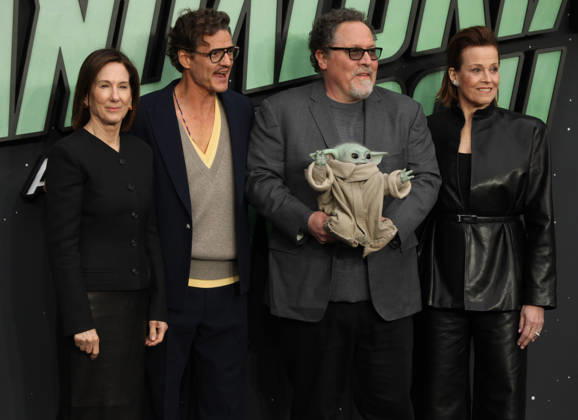 Star Wars The Mandalorian and Gogu film fan event. London, UK.Kathleen Kennedy, Pedro Pascal , Jon Favreau and Grogu and Sigourney Weaver at the Star Wars The Mandalorian and Gogu film fan event. Leicester Square. 7th May 2026. LMK11-S070526-001 Steve Bealing Landmark Media . 
