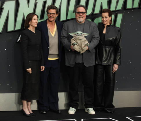 Star Wars The Mandalorian and Gogu film fan event. London, UK.Kathleen Kennedy, Pedro Pascal , Jon Favreau and Grogu and Sigourney Weaver at the Star Wars The Mandalorian and Gogu film fan event. Leicester Square. 7th May 2026. LMK11-S070526-001 Steve Bealing Landmark Media . 