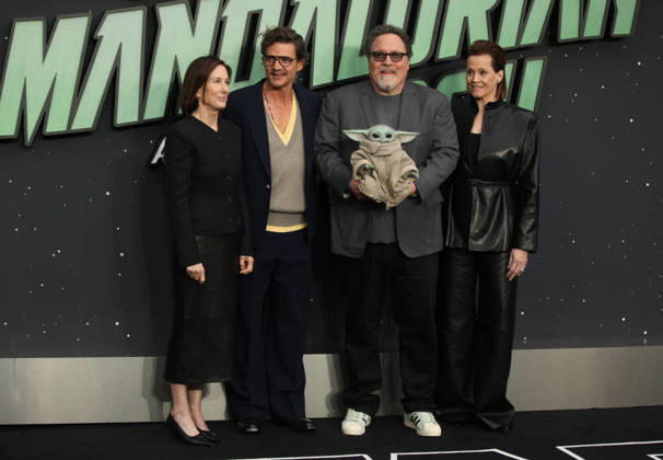 Star Wars The Mandalorian and Gogu film fan event. London, UK.Kathleen Kennedy, Pedro Pascal , Jon Favreau and Grogu and Sigourney Weaver at the Star Wars The Mandalorian and Gogu film fan event. Leicester Square. 7th May 2026. LMK11-S070526-001 Steve Bealing Landmark Media . 
