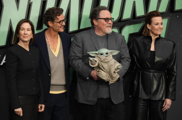 Star Wars The Mandalorian and Gogu film fan event. London, UK.Kathleen Kennedy, Pedro Pascal , Jon Favreau and Grogu and Sigourney Weaver at the Star Wars The Mandalorian and Gogu film fan event. Leicester Square. 7th May 2026. LMK11-S070526-001 Steve Bealing Landmark Media . 