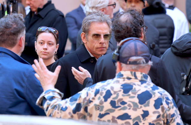 Jessica Chastain And Ben Stiller On Set - NYC Actors Jessica Chastain and Ben Stiller are filming a funeral scene on their new TV Series Minivan in Soho, New York on May 7, 2026. The eight-episode series focuses on a writing professor (Stiller) whose life becomes complicated during his off weeks from child custody, falling for a mysterious woman (Chastain) Photo by Dylan Travis ABACAPRESS.COM New York City NY United States  Copyright: xDylanxTravis ABACAx