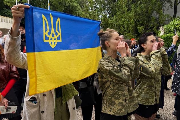 Die 61. Internationale Kunstausstellung Biennale Arte 2026 findet vom 9. Mai bis zum 22. November 2026 in Venedig statt. Das Event findet in Arsenale und in Giardini statt. Foto: Demonstranten vor dem Russland-Pavillon.