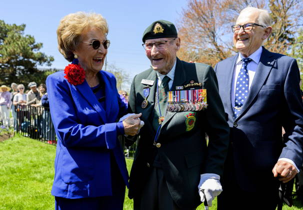 May 9, 2026, Ottawa, On, Canada: Princess Margriet of the Netherlands, left, shares a moment with Korean War Veteran Bill Black as she attends the opening ceremony of the Canadian Tulip Festival in Ottawa, on Saturday, May 9, 2026. Princess Margriet is visiting Ottawa, the city where she was born during the Second World War. The princess was born at the Ottawa Civic Hospital after the Dutch royal family fled to Canada to escape Nazi occupying forces in 1940. Ottawa Canada - ZUMAc35_ 20260509_zaf_c35_012 Copyright: xSpencerxColbyx