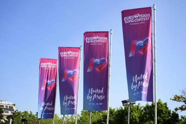 VIENNA, 20260510 Flags outside the Wiener Stadthalle during the Eurovision Song Contest ESC in Vienna, Austria VIENNA AUSTRIA x10070x  Copyright: xJessicaxGowx xTTx EUROVISION 2026 zJp0mglnWHY
