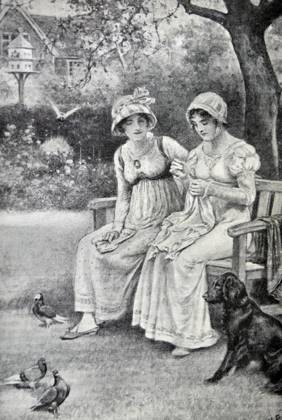 RECORD DATE NOT STATED Engraving of Jane Austen and her sister Cassandra Engraving of Jane Austen and her sister Cassandra doing needlework in the rectory garden. Dated 1810 Editorial use only. All other uses to be cleared with the copyright owner (World History Archive), in advance., WHA_052_0926.jpg, Jane Austen; Cassandra Austen; needlework; embroidery; sisters; women; historical; 1810; engraving; rectory garden; Regency era; British literature; authors; famous siblings; Regency fashion; Regency society; British culture; literary figures; female writers; Regency England; Austen family; Regency lifestyle; Regency period; Regency artwork; Regency style; Regency portrait; Regency women; Regency activities; Regency pastimes; Regency leisure. Copyright: xWorldxHistoryxArchivex