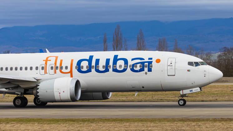 Flydubai Saint-Louis, France, 22nd Feb 2026: A Boeing 737-8 MAX operated by Lauda Europe takes off from the runway at EuroAirport Basel Mulhouse Freiburg. Registration A6-FME (Andreas Haas dieBildmanufaktur) Copyright: xAndreasxHaasx