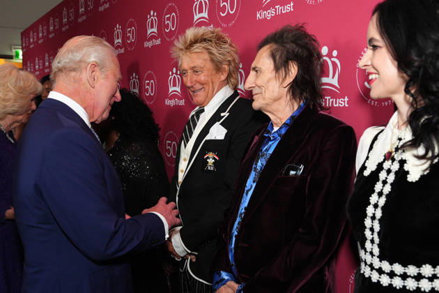 King Charles and Queen Camilla attend A King s Trust Celebration King Charles meets Rod Stewart, Ronnie Wood and Sally Wood as he attends A King s Trust Celebration to mark the 50th anniversary of the charity. The King s Trust, formerly known as The Prince s Trust, helps those from disadvantaged communities, at the Royal Albert Hall, London, UK, on the 11th May 2026. Picture by Aaron Chown WPA-Pool London Royal Albert Hall London United Kingdom  WHA-0817