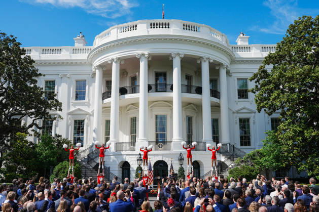 May 11, 2026, Washington, District Of Columbia, USA: The Indiana University cheerleaders perform during an event honoring the 2026 National Football Champions Indiana University on the South Lawn of the White House in Washington, DC, USA, on Monday, May 11, 2026 Washington USA - ZUMAs152 20260511_faa_s152_063 Copyright: xAaronxSchwartzx-xPoolxviaxCNPx