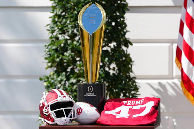 May 11, 2026, Washington, District Of Columbia, USA: The National Championship trophy and a jersey with United States President Donald J Trump™s name on it, sit on a table during an event hosting the 2026 National Football Champion Indiana University on the South Lawn of the White House in Washington, DC, USA, on Monday, May 11, 2026 Washington USA - ZUMAs152 20260511_faa_s152_070 Copyright: xAaronxSchwartzx-xPoolxviaxCNPx
