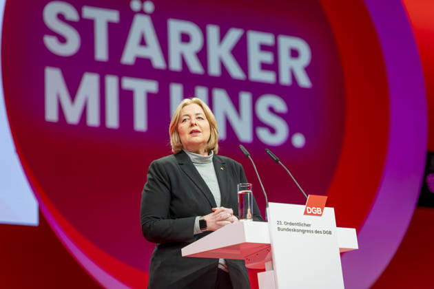 Bärbel Bas beim DGB EUR, Deutschland, Berlin, 12.05.2026: Bärbel Bas (SPD), Bundesministerin für Arbeit und Soziales besucht den 23. DGB Bundeskongress und hält eine Rede.