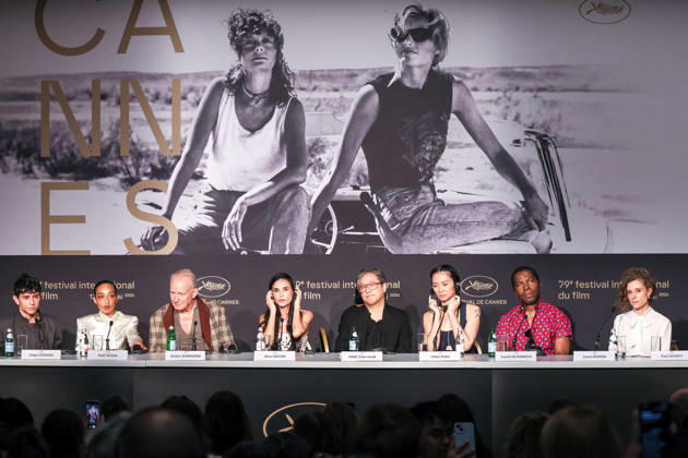 Cannes - Jury Press Conference Jury Members Diego Cespedes, Ruth Negga, Stellan Skarsgard, Demi Moore, Jury President Park Chan-wook, Chloe Zhao, Isaach de Bankole, Laura Wandel and Paul Laverty speak during the Jury press conference at the 79th annual Cannes Film Festival at Palais des Festivals on May 12, 2026 in Cannes, France. Photo by Jean-Marc Haedrich Pool ABACAPRESS.COM Cannes France  Copyright: xABACAx