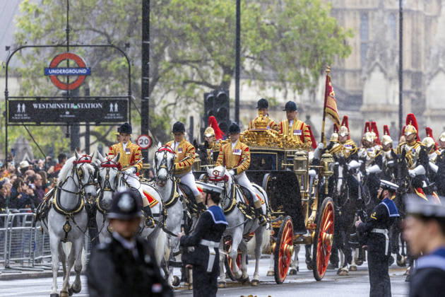 May 13, 2026, London, London, UK: London, UK. King Charles III and Queen Camilla ride The Irish State Coach on Whitehall in Westminster after the State Opening of Parliament. Today marks the formal start of the parliamentary year and sets out the government s agenda for the 2026-27 session, outlining proposed policies and legislation. London UK - ZUMAl94_ 20260513_zaf_l94_014 Copyright: xMarcinxNowakx
