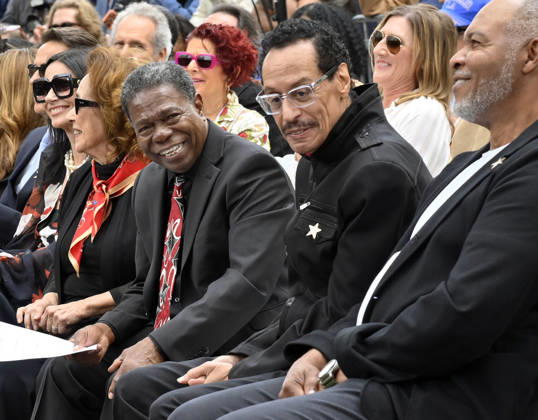 Brazilian percussionist Paulinho da Costa Brazilian (C) reacts to comments during an Hollywood Walk of Fame unveiling ceremony honoring him with the 2,844th star on the Hollywood Walk of Fame in Los Angeles on Wednesday, May 13, 2026.  LAP2026051302 JIMxRUYMEN