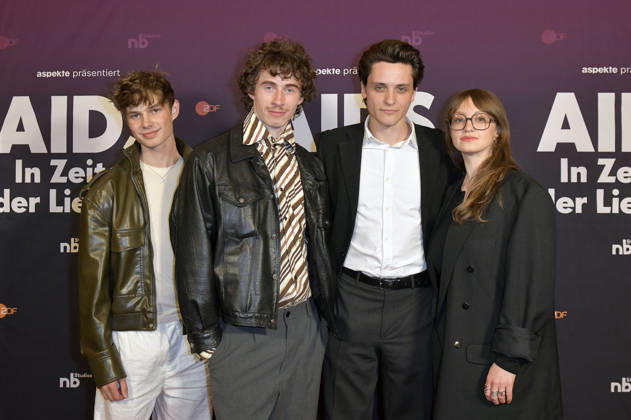 Konrad Damer, Benjamin Viziotis, Evangelos Tsarkowistas und Antonia Jungwirth bei der Preview der ZDF-Dokuserie AIDS - In Zeiten der Liebe im Kino International. Berlin, 13.05.2026