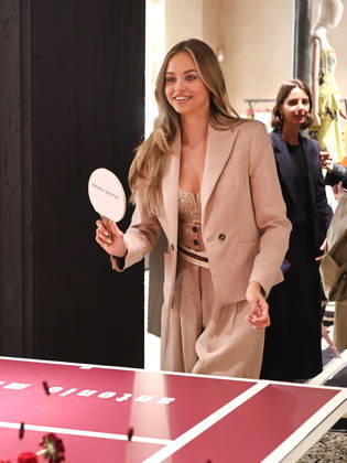 IPA84680181 - Rome, Laila Hasanovic attends the Antonio Marras boutique event. Pictured: Laila Hasanovic plays ping pong.  Copyright: xMarcoxProvvisionatox xMarcoxProvvisionatox 84680181