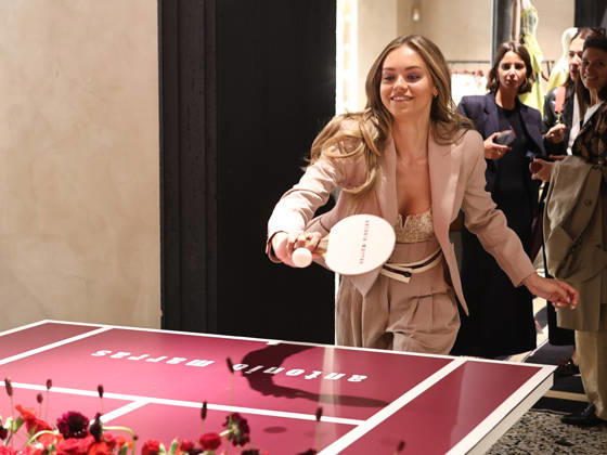 IPA84680183 - Rome, Laila Hasanovic attends the Antonio Marras boutique event. Pictured: Laila Hasanovic plays ping pong.  Copyright: xMarcoxProvvisionatox xMarcoxProvvisionatox 84680183