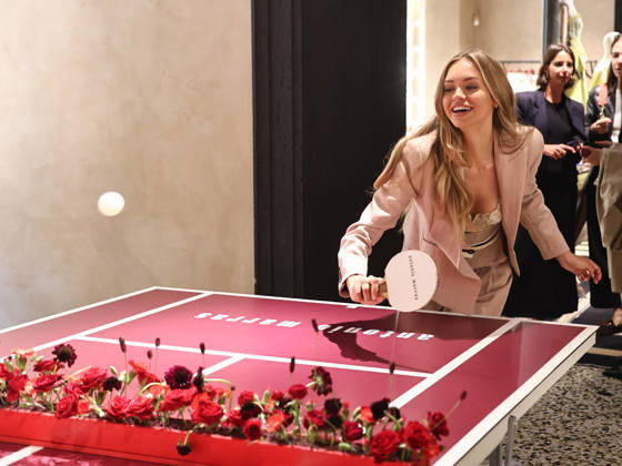 IPA84680184 - Rome, Laila Hasanovic attends the Antonio Marras boutique event. Pictured: Laila Hasanovic plays ping pong.  Copyright: xMarcoxProvvisionatox xMarcoxProvvisionatox 84680184