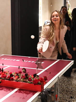 IPA84680188 - Rome, Laila Hasanovic attends the Antonio Marras boutique event. Pictured: Laila Hasanovic plays ping pong.  Copyright: xMarcoxProvvisionatox xMarcoxProvvisionatox 84680188