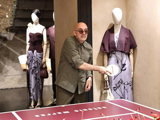 IPA84680210 - Rome, Laila Hasanovic attends the Antonio Marras boutique event. Pictured: Antonio Marras plays ping pong.  Copyright: xMarcoxProvvisionatox xMarcoxProvvisionatox 84680210