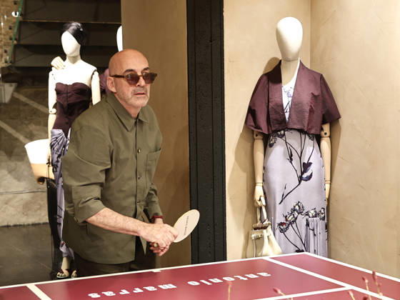 IPA84680218 - Rome, Laila Hasanovic attends the Antonio Marras boutique event. Pictured: Antonio Marras plays ping pong.  Copyright: xMarcoxProvvisionatox xMarcoxProvvisionatox 84680218