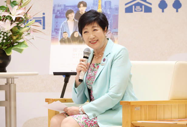 May 14, 2026, Tokyo, Japan - Tokyo Governor Yuriko Koike (2nd R) poses for photo with Tetsuya Bessho (2nd L), Short Shorts Film Festival & Asia president and Generation Z influencers and festival ambassadors Ayaka Honmo (L) and Hina Nagahama (R) as they pay a courtesy call on Koike for the promotion of the film festival at the Tokyo Metropolitan Government office in Tokyo on Thursday, May 14, 2026. Short Shorts Film Festival & Asia will be held from May 25 through June 10. (photo by Yoshio Tsunoda AFLO)  aflo_330352214