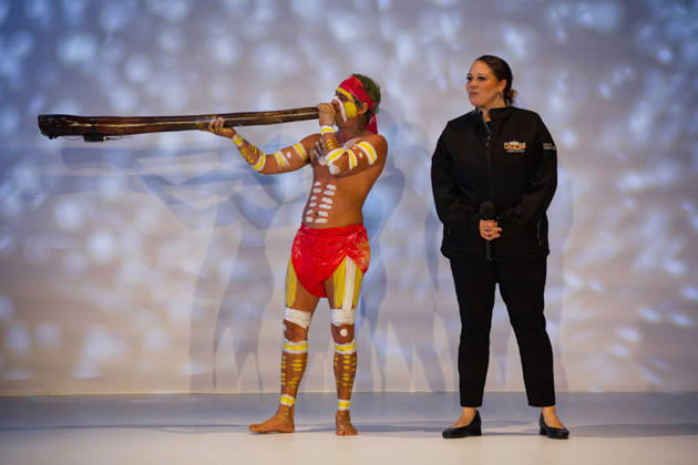 Australian Fashion Week 2026 - Runway - Ngali Jahmarley Dawson plays the didgeridoo during the Ngali Wander with Wonder Runway show at Australian Fashion Week 2026 at Museum of Contemporary Art on May 15, 2026 in Sydney, Australia., Credit:IOIO IMAGES IOIO Avalon Australia, New South Wales, Sydney, Museum of Contemporary Art  Copyright: xIOIOxIMAGESx xIOIOx xAvalonx 1099145434