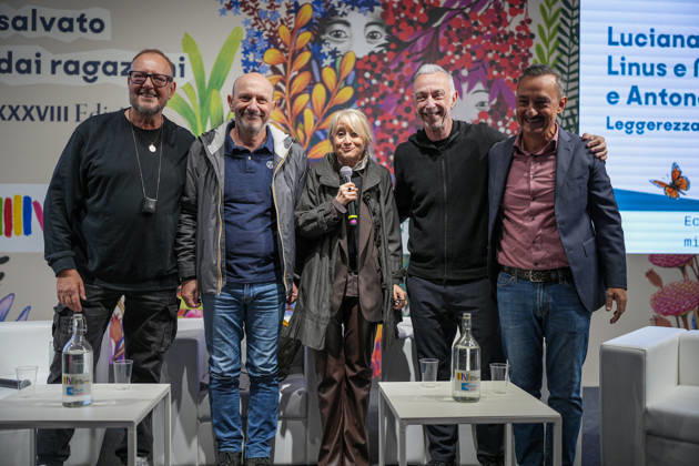 IPA84723914 - Turin. Second day of the 18th edition of the Turin International Book Fair entitled The World Saved by Kids. The fair will remain open from May 14 to 18, 2026 at Lingotto Fiere Pictured: Antonello Dose, Marco Presta, Luciana Littizzetto, Linus, Nicola Savino  Copyright: xRiccardoxGiordanox xRiccardoxGiordanox 84723914