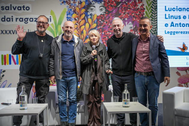 IPA84723911 - Turin. Second day of the 18th edition of the Turin International Book Fair entitled The World Saved by Kids. The fair will remain open from May 14 to 18, 2026 at Lingotto Fiere Pictured: Antonello Dose, Marco Presta, Luciana Littizzetto, Linus, Nicola Savino  Copyright: xRiccardoxGiordanox xRiccardoxGiordanox 84723911
