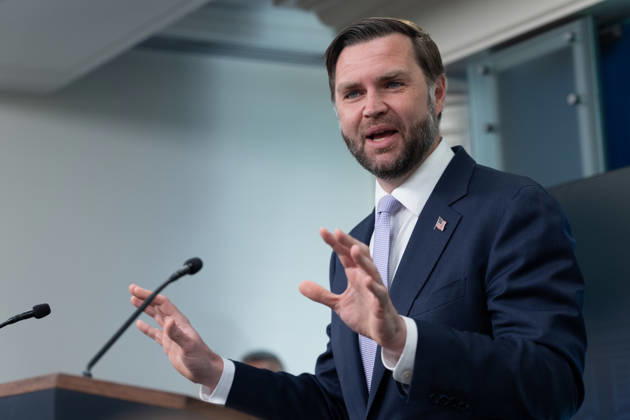 Vice President JD Vance gives remarks during a press conference in the James Brady Press Briefing Room of the White House in Washington, DC on Tuesday, May 19, 2026. Vance defended the creation of a $1.8 billion Department of Justice fund that would compensate certain individuals who were investigated and prosecuted by the Biden Administration. WAP20250519029 AARONxSCHWARTZ