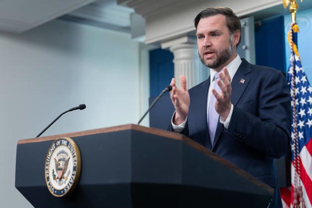 Vice President JD Vance gives remarks during a press conference in the James Brady Press Briefing Room of the White House in Washington, DC on Tuesday, May 19, 2026. Vance defended the creation of a $1.8 billion Department of Justice fund that would compensate certain individuals who were investigated and prosecuted by the Biden Administration. WAP20250519038 AARONxSCHWARTZ