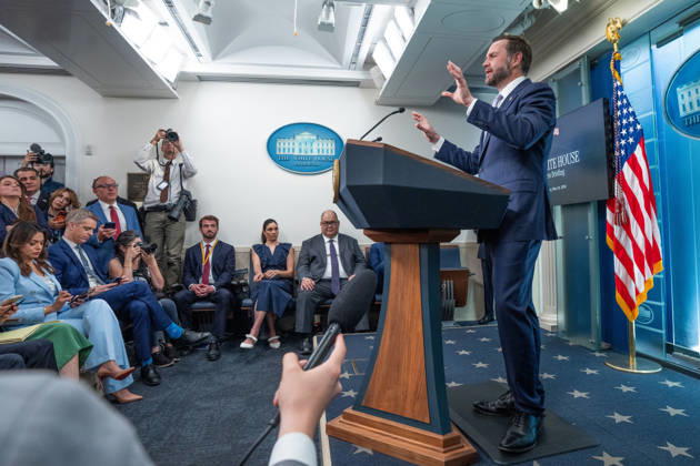 Vice President JD Vance gives remarks during a press conference in the James Brady Press Briefing Room of the White House in Washington, DC on Tuesday, May 19, 2026. Vance defended the creation of a $1.8 billion Department of Justice fund that would compensate certain individuals who were investigated and prosecuted by the Biden Administration. WAP20250519017 AARONxSCHWARTZ