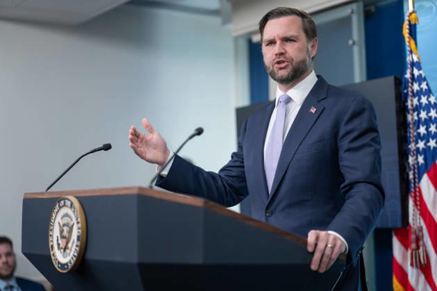 Vice President JD Vance gives remarks during a press conference in the James Brady Press Briefing Room of the White House in Washington, DC on Tuesday, May 19, 2026. Vance defended the creation of a $1.8 billion Department of Justice fund that would compensate certain individuals who were investigated and prosecuted by the Biden Administration. WAP20260519612 AARONxSCHWARTZ