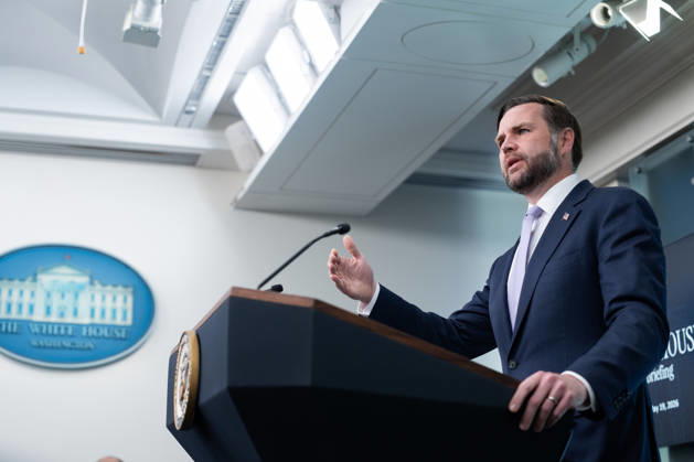 Vice President JD Vance gives remarks during a press conference in the James Brady Press Briefing Room of the White House in Washington, DC on Tuesday, May 19, 2026. Vance defended the creation of a $1.8 billion Department of Justice fund that would compensate certain individuals who were investigated and prosecuted by the Biden Administration. WAP20260519613 AARONxSCHWARTZ