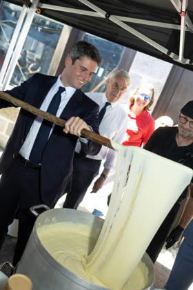 Gabriel Attal Announces his candidacy for the presidential elections - Mur-de-Barrez General Secretary of French centrist party Renaissance Gabriel Attal making aligot after his speech during a visit to the village of Mur-de-Barrez in the Aveyron department, southwestern France on May 22, 2026. Former prime minister Gabriel Attal said on May 22, 2026 he was running for president next year. Photo by Raphael Lafargue ABACAPRESS.COM Mur-de-Barrez France  Copyright: xLafarguexRaphael ABACAx