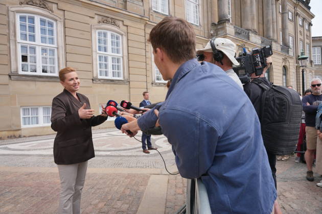 Denmark Politics Acting Prime Minister Mette Frederiksen after her visit to the King at Amalienborg Palace in Copenhagen, Denmark, Saturday, May 23, 2026. After Saturday s royal round, it is clear that acting Prime Minister Mette Frederiksen (S) is once again the royal investigator pointed to form a new Danish government. , Copenhagen Denmark Copyright: EmilxHelmsx spdk20260523-142136-L